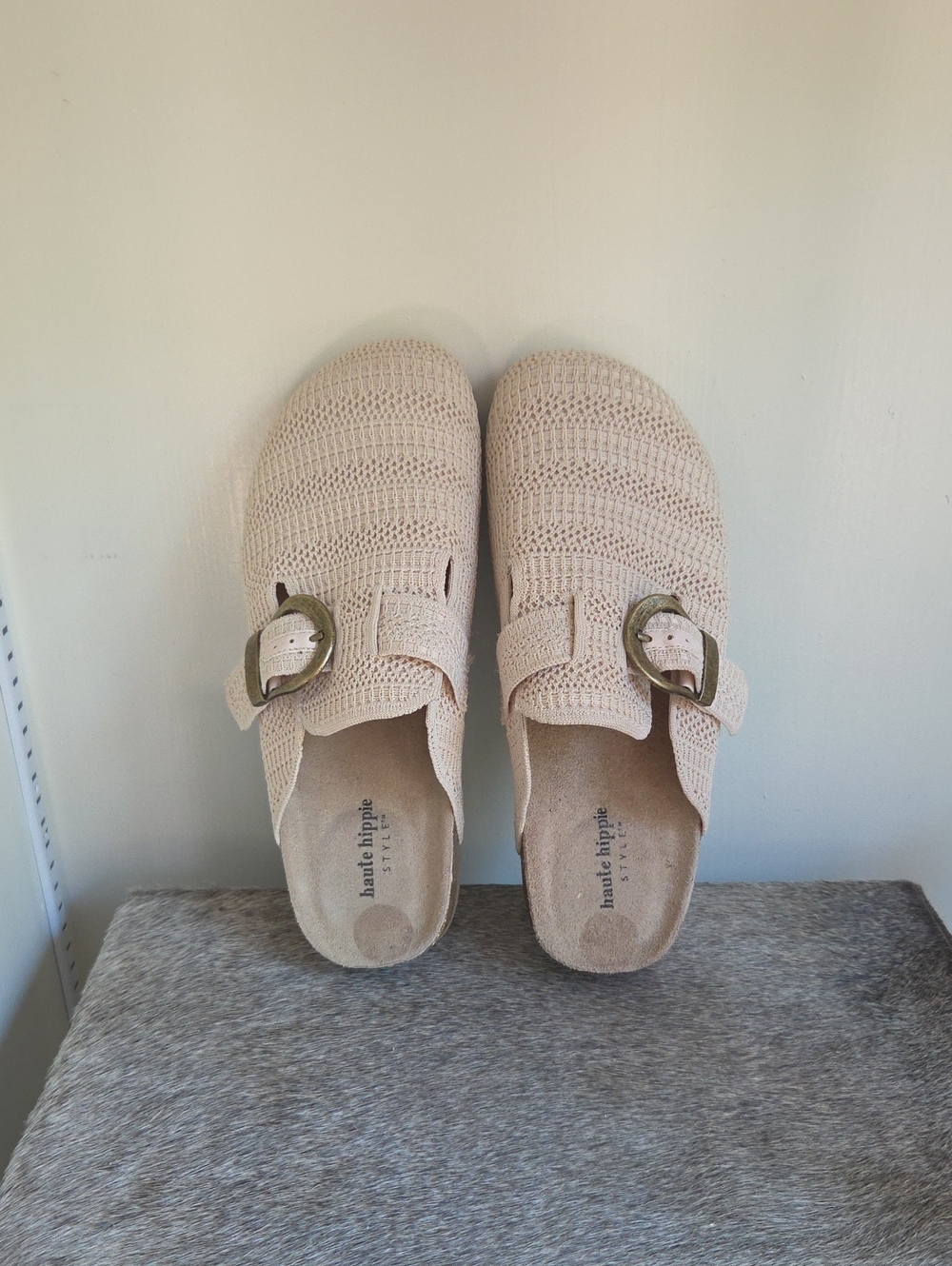 Haute Hippie Cream Woven Slip-On Mules with Buckle